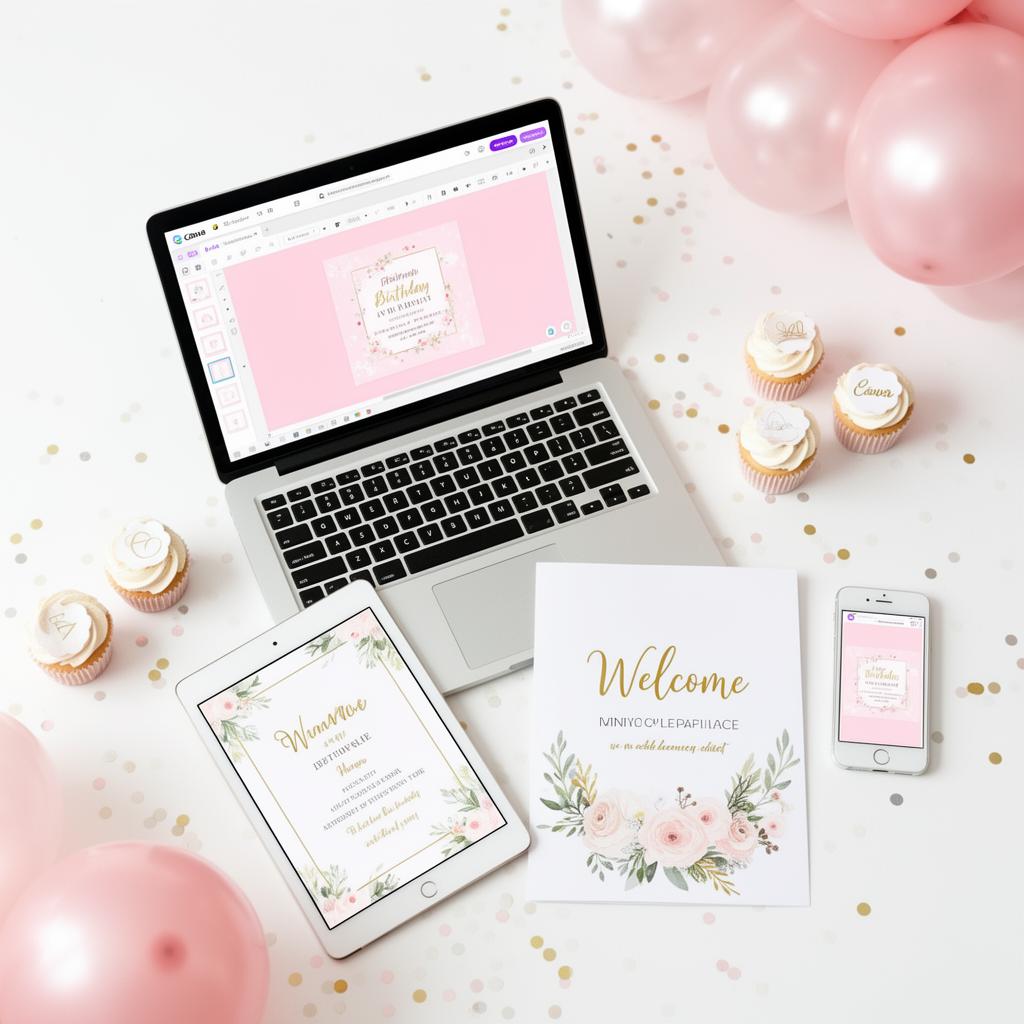 Celebristic — Canva templates on laptop, iPad, phone and printed signs
