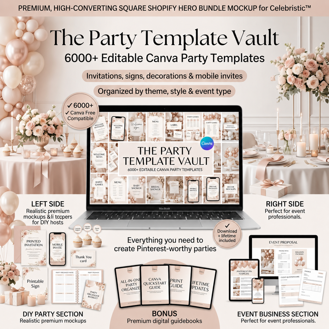 Celebristic — Canva templates on laptop, iPad, phone and printed signs